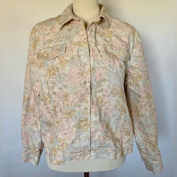 COLDWATER CREEK Pretty Cotton Linen Blend Pastel Floral denim jacket. Sz. Large - Picture 1 of 6